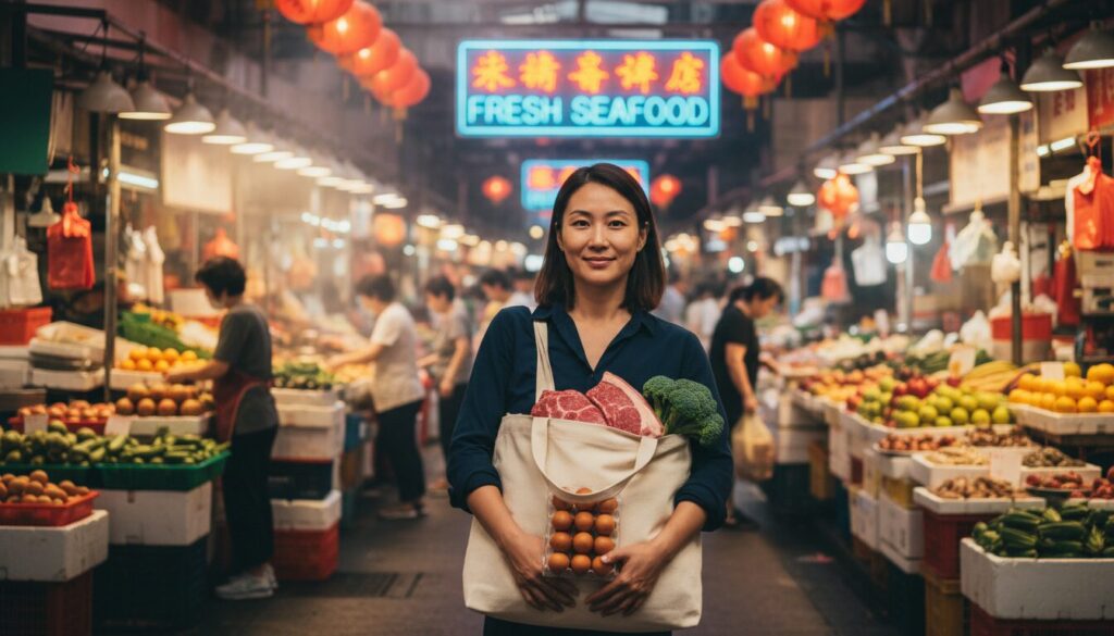 Hong Kong mother buying high protein foods at local wet market